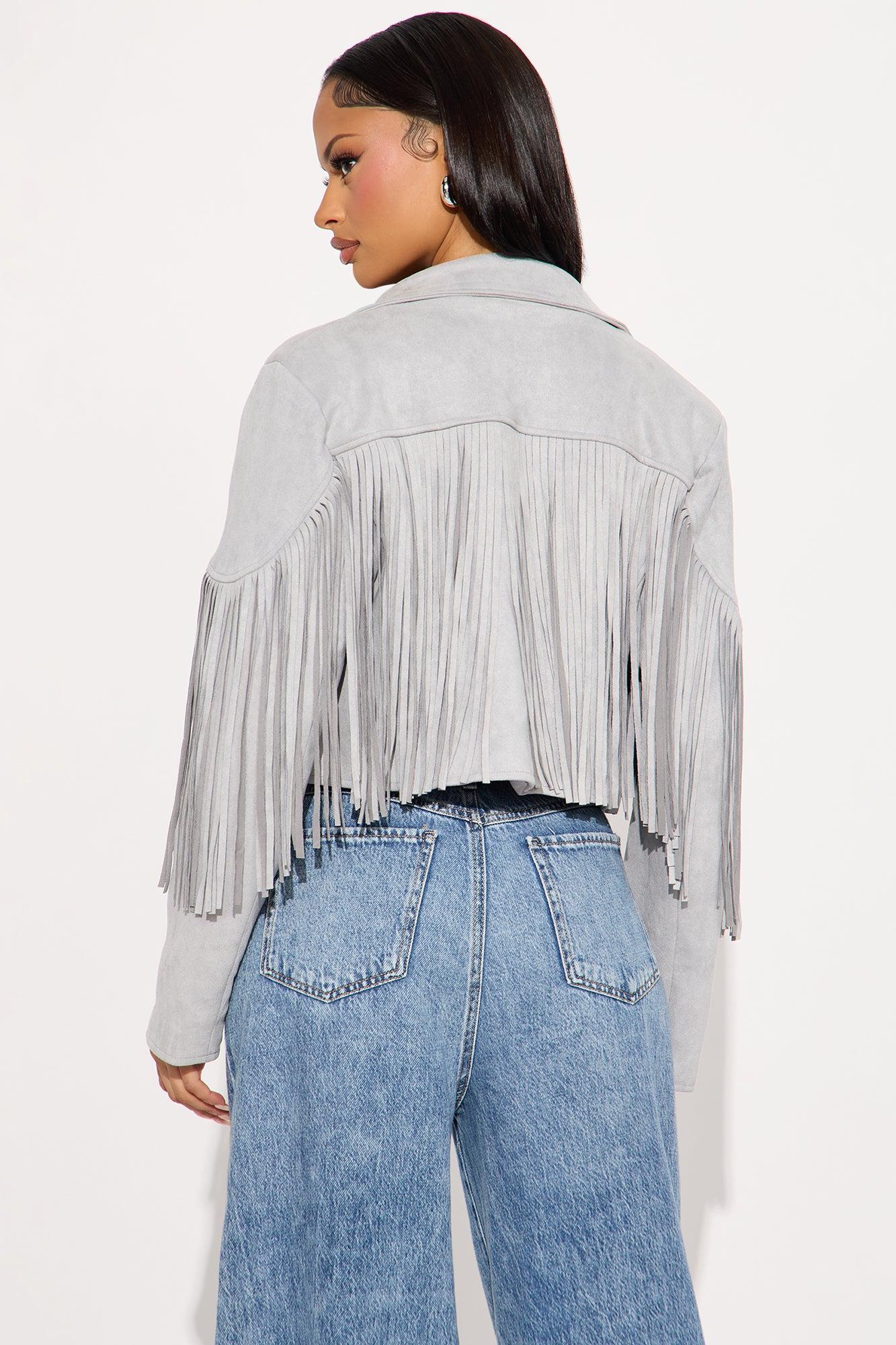 Rodeo Ready Fringe Faux Suede Jacket - Light Grey Female Product Image