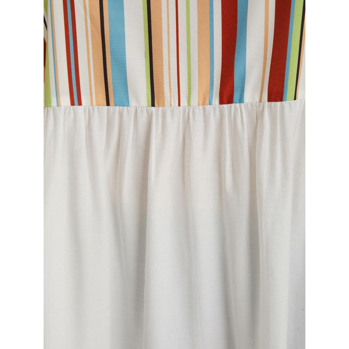 Plus Size Multicolor Rainbow Striped Patchwork Gathered Blouse Women Elegant Short sleeve Round Neck Dailywear Blouses BloomChic 22-24/3X Product Image