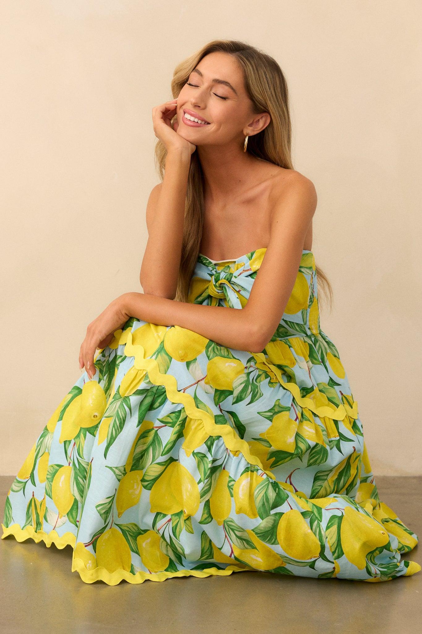 Prosperina Elena Blue Lemon Print Linen Strapless Midi Dress Product Image