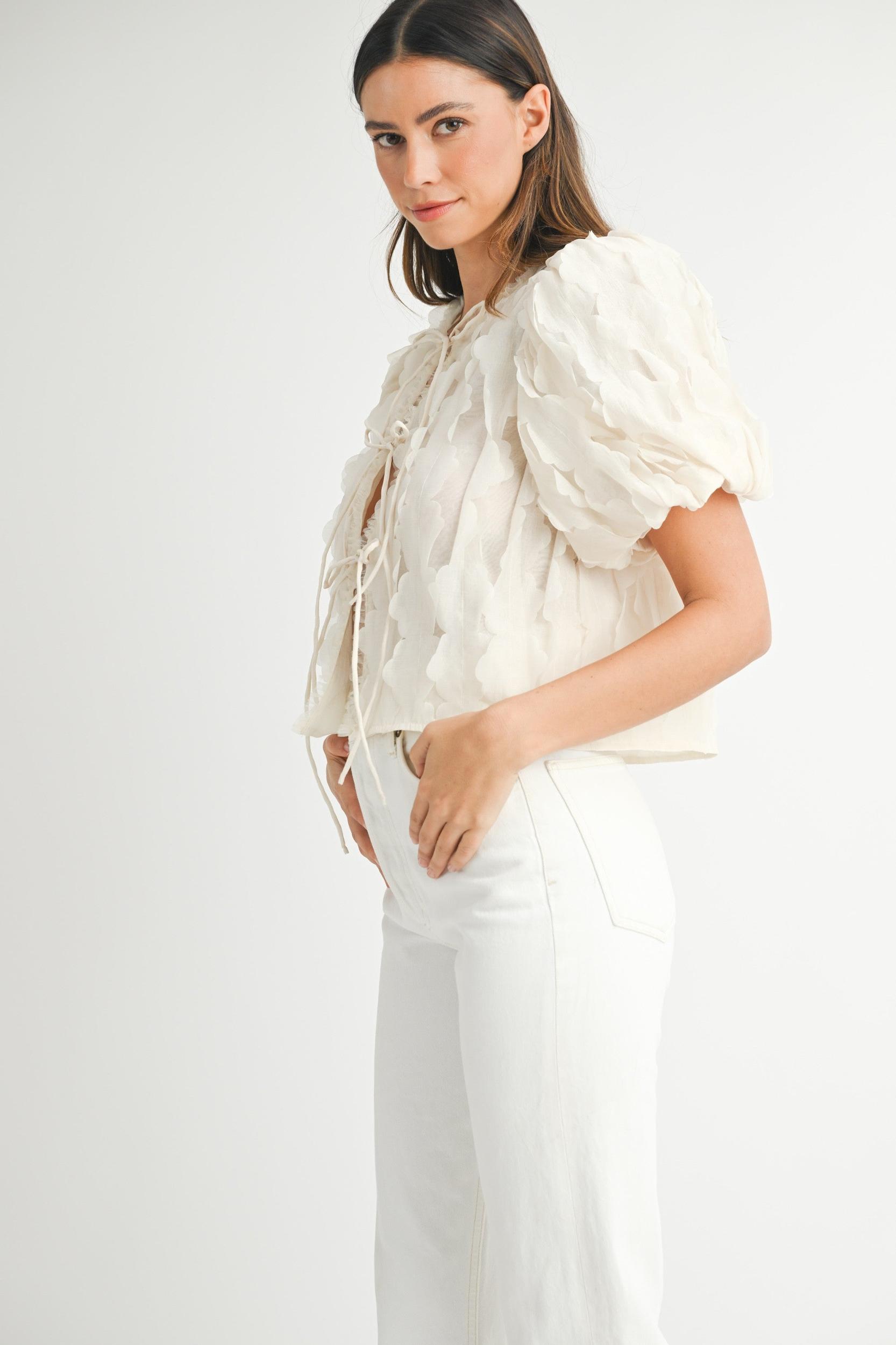 Textured Scallop Puff Sleeve Blouse Top Product Image