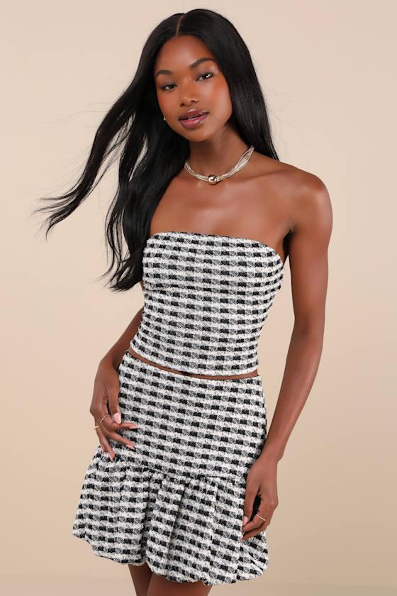 Ultra Darling Black and White Gingham Tweed Strapless Crop Top Product Image