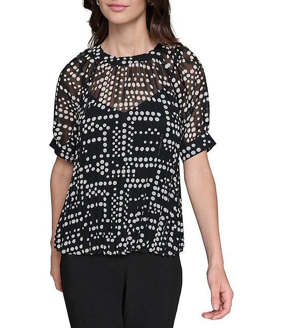 KARL LAGERFELD PARIS Dot Print Pleated Crew Neck Short Sleeve Blouse Product Image