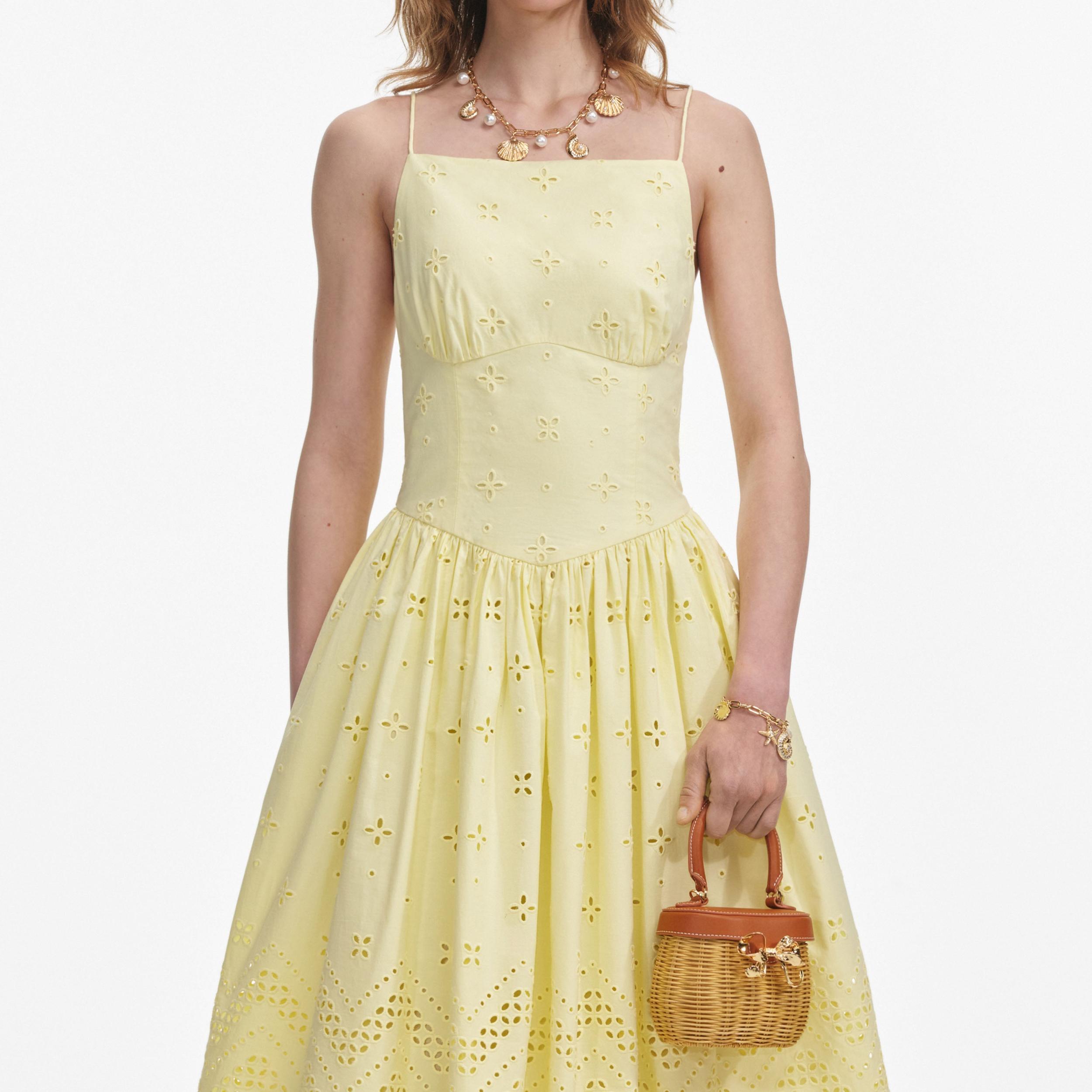 Yellow Cotton Broderie Midi Dress Product Image