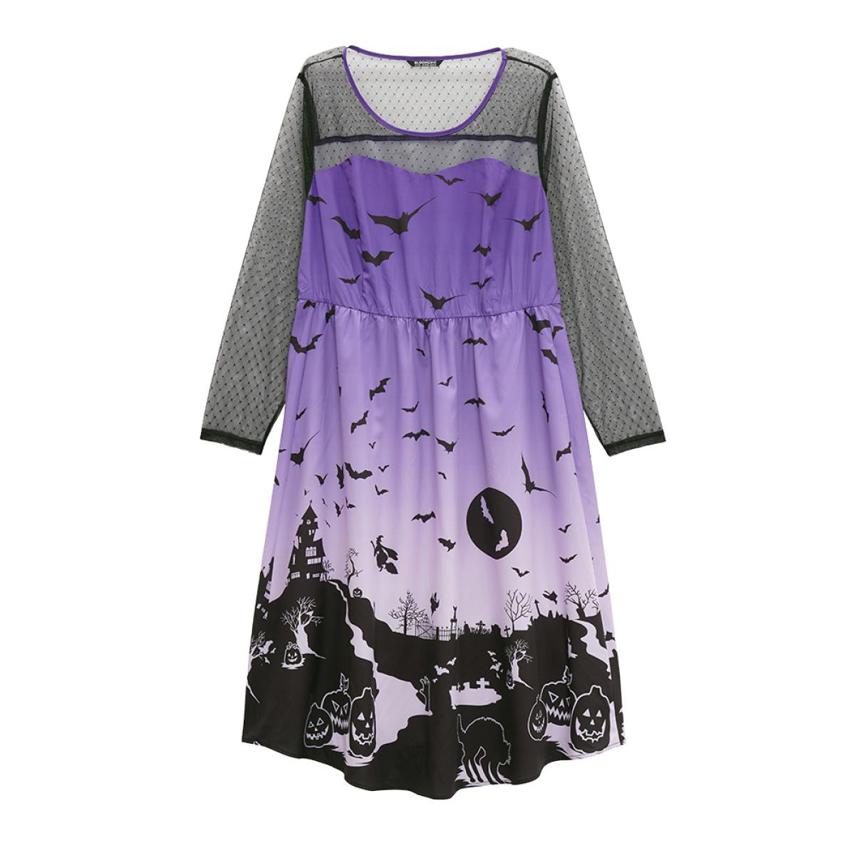 Plus Size Halloween Graphic Pocket Mesh Patchwork Dress Purple Women Elegant See through Round Neck Long Sleeve Curvy Midi Dress BloomChic 18-20/2X Product Image