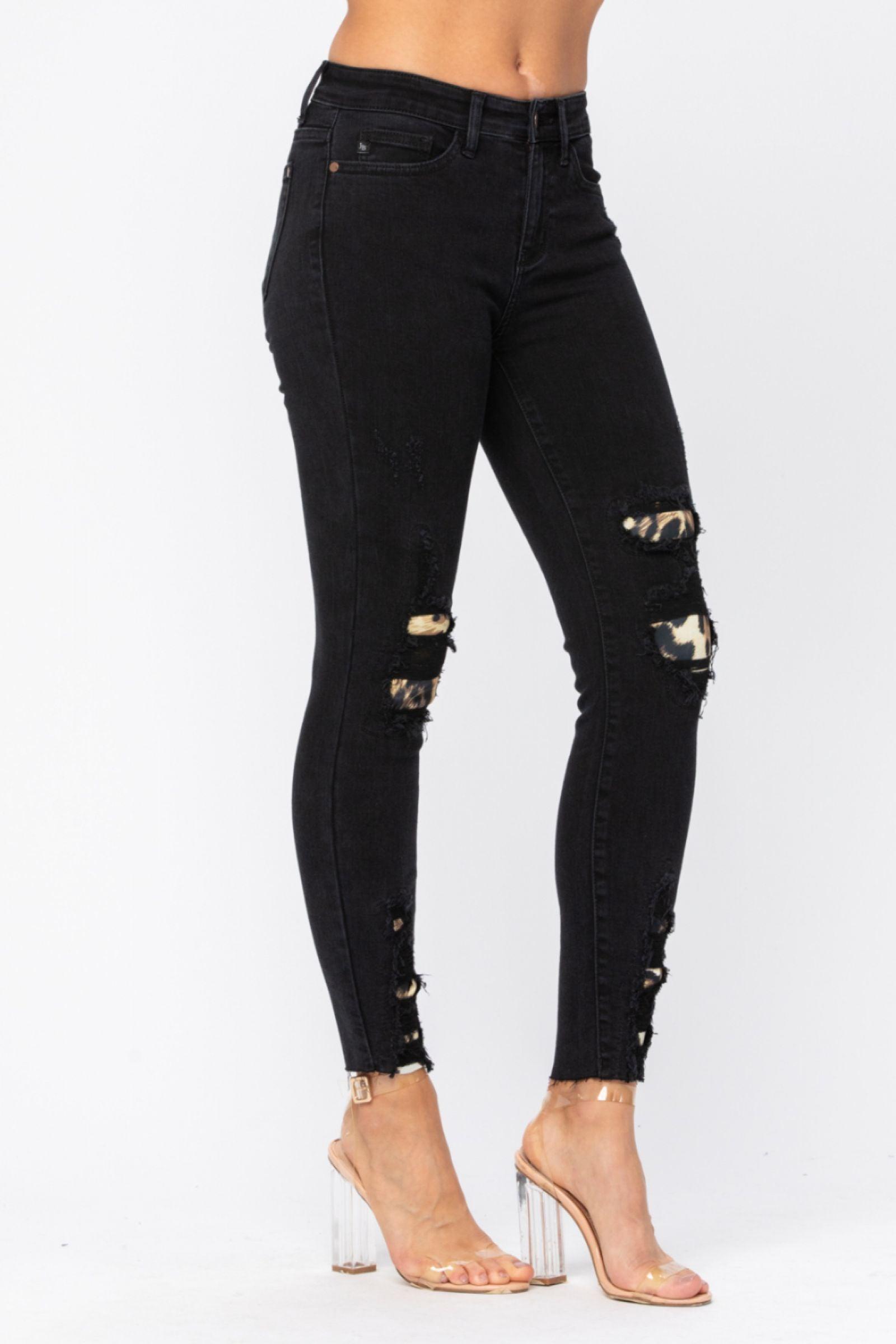 82168   Juliana Black Mid-Rise Skinny Leopard Patch Judy Blue Jeans Product Image