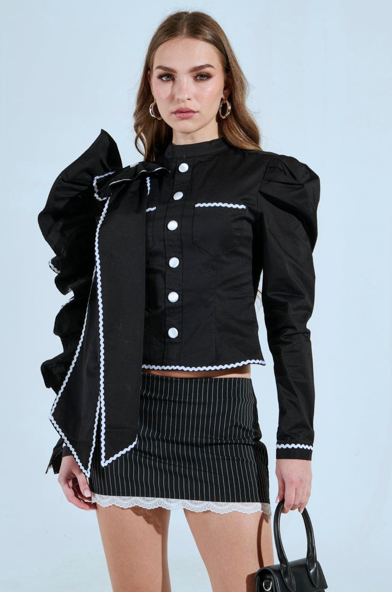 BRING THE DRAMA POPLIN BOW TOP IN BLACK Product Image