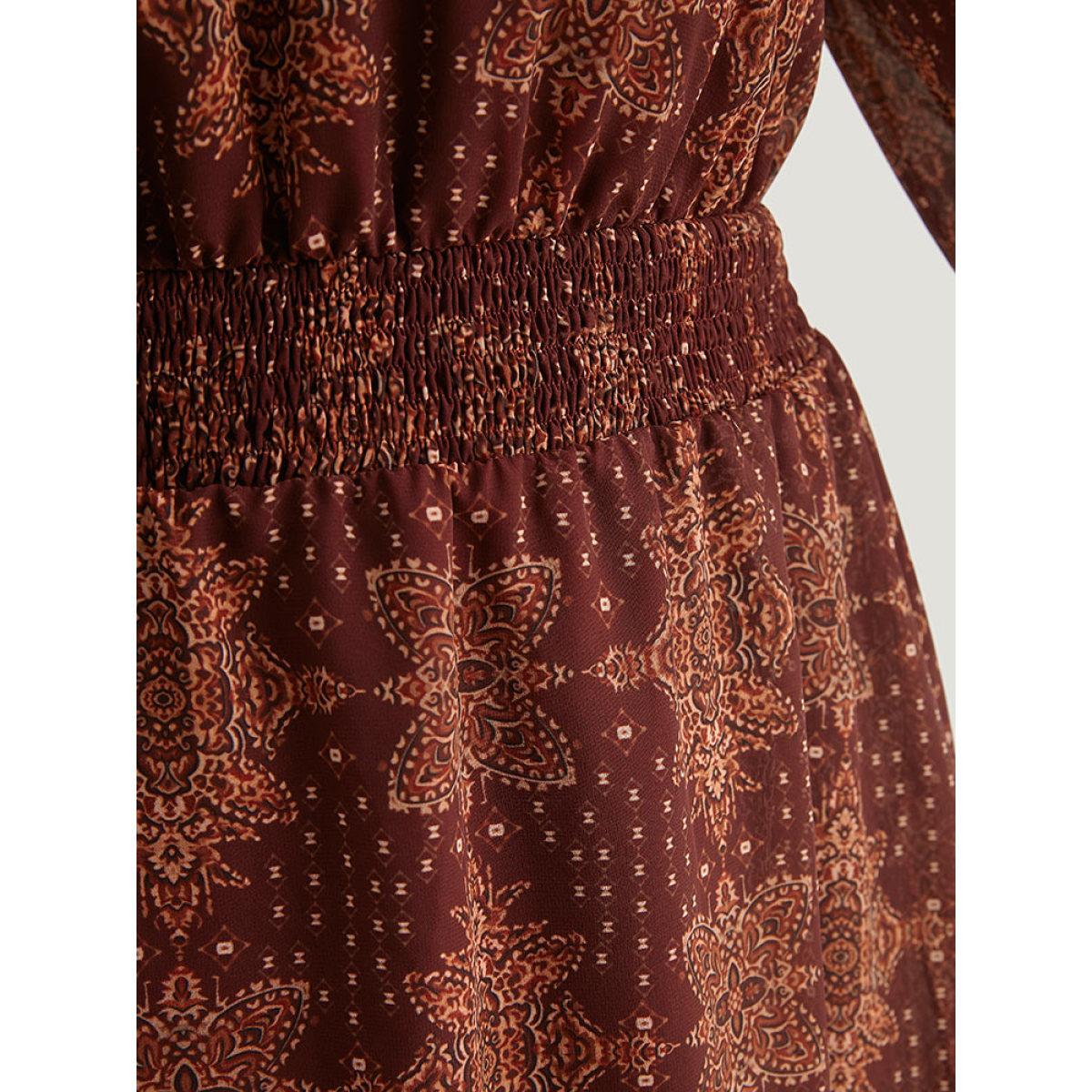 Plus Size Bandana Print Elastic Waist Flutter Trim Dress Scarlet Women Vacation Elastic cuffs V-neck Long Sleeve Curvy Midi Dress BloomChic 14-16/1X Product Image