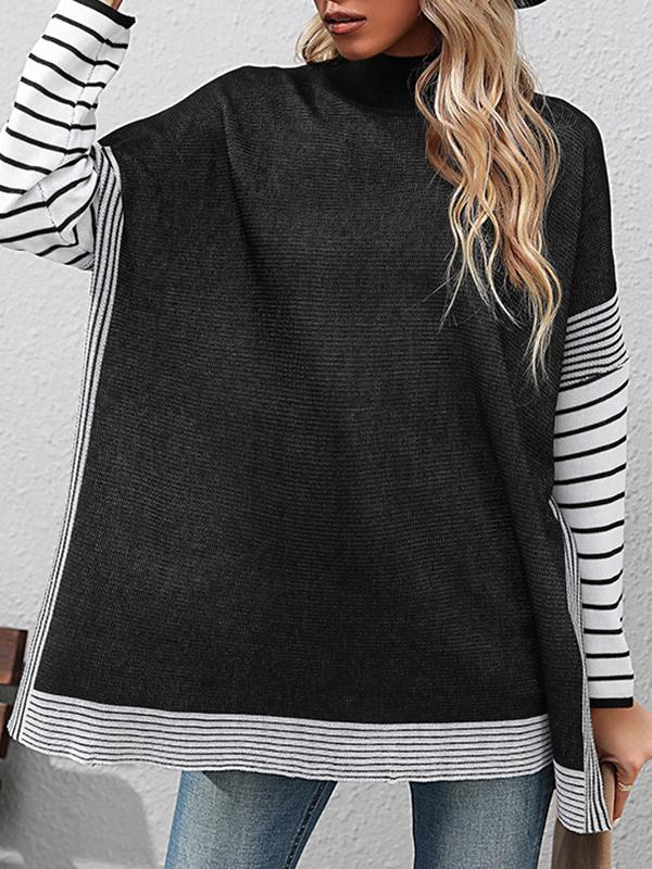 Long Sleeves Loose Contrast Color Striped Mock Neck Pullovers Sweater Tops Product Image