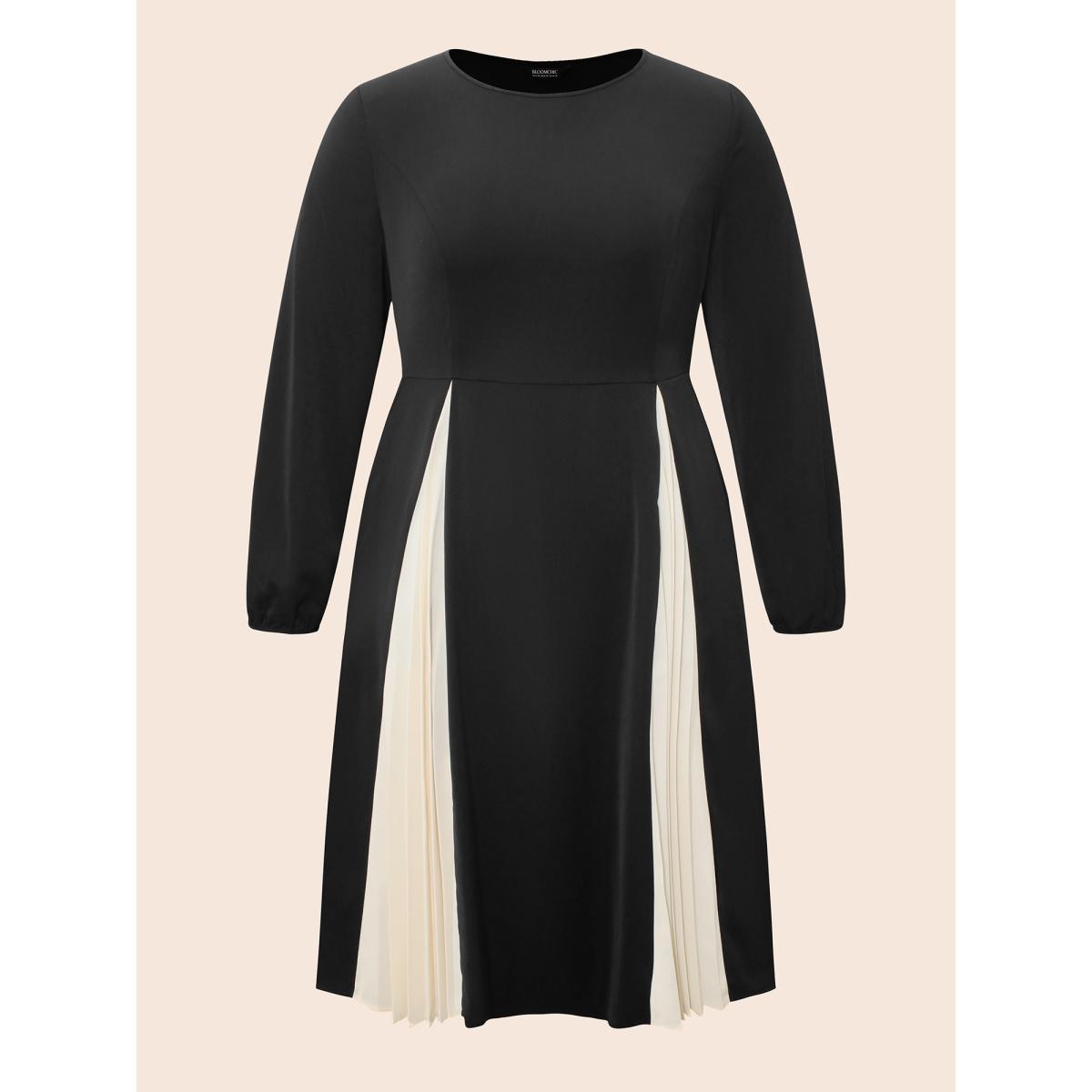 Plus Size Crew Neck Contrast Pleated Dress Black Women At the Office Contrast Round Neck Long Sleeve Curvy BloomChic 28/5X Product Image
