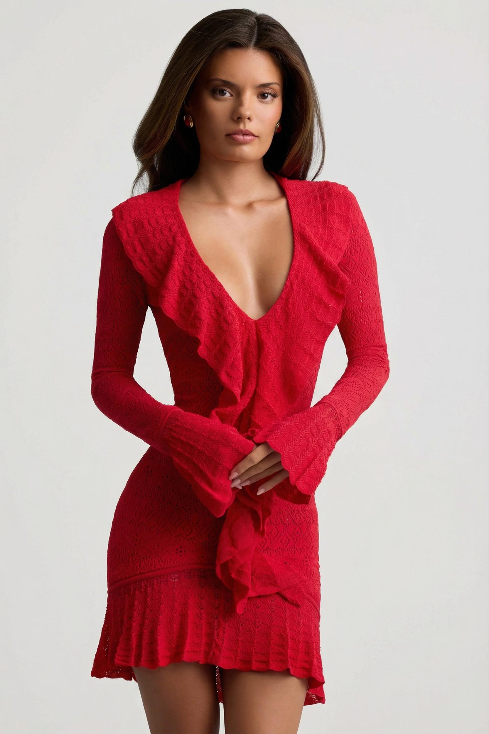 Ruffle-Trim Pointelle-Knit Mini Dress in Scarlet Red Product Image