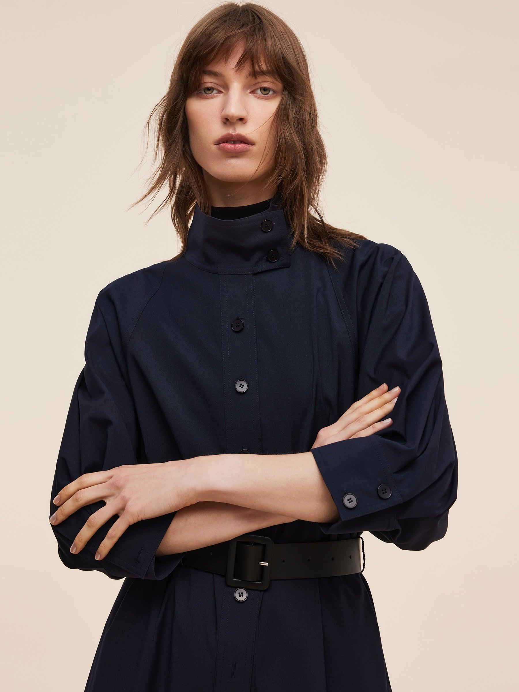 Adjustable Collar Women Trench Coat With Leather Belt Product Image