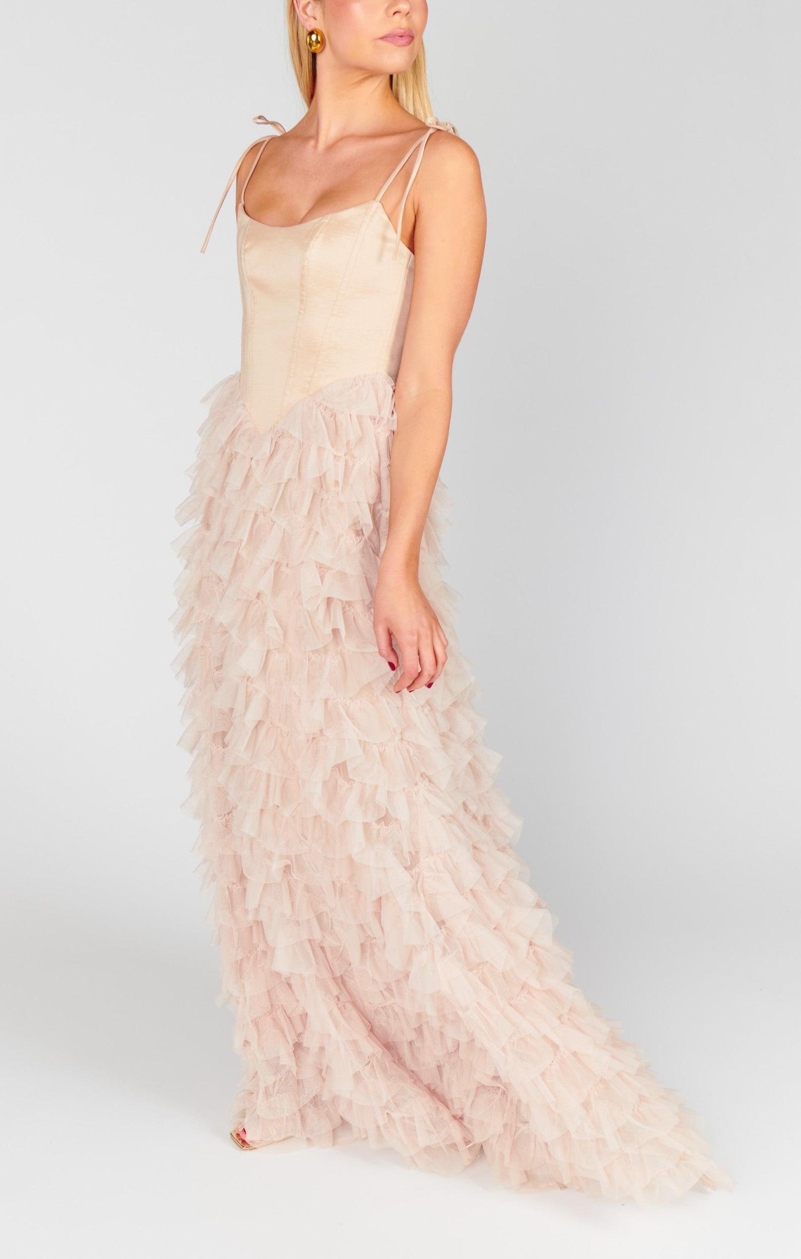 Francesca Maxi Dress ~ Champagne Tulle Ruffle Product Image