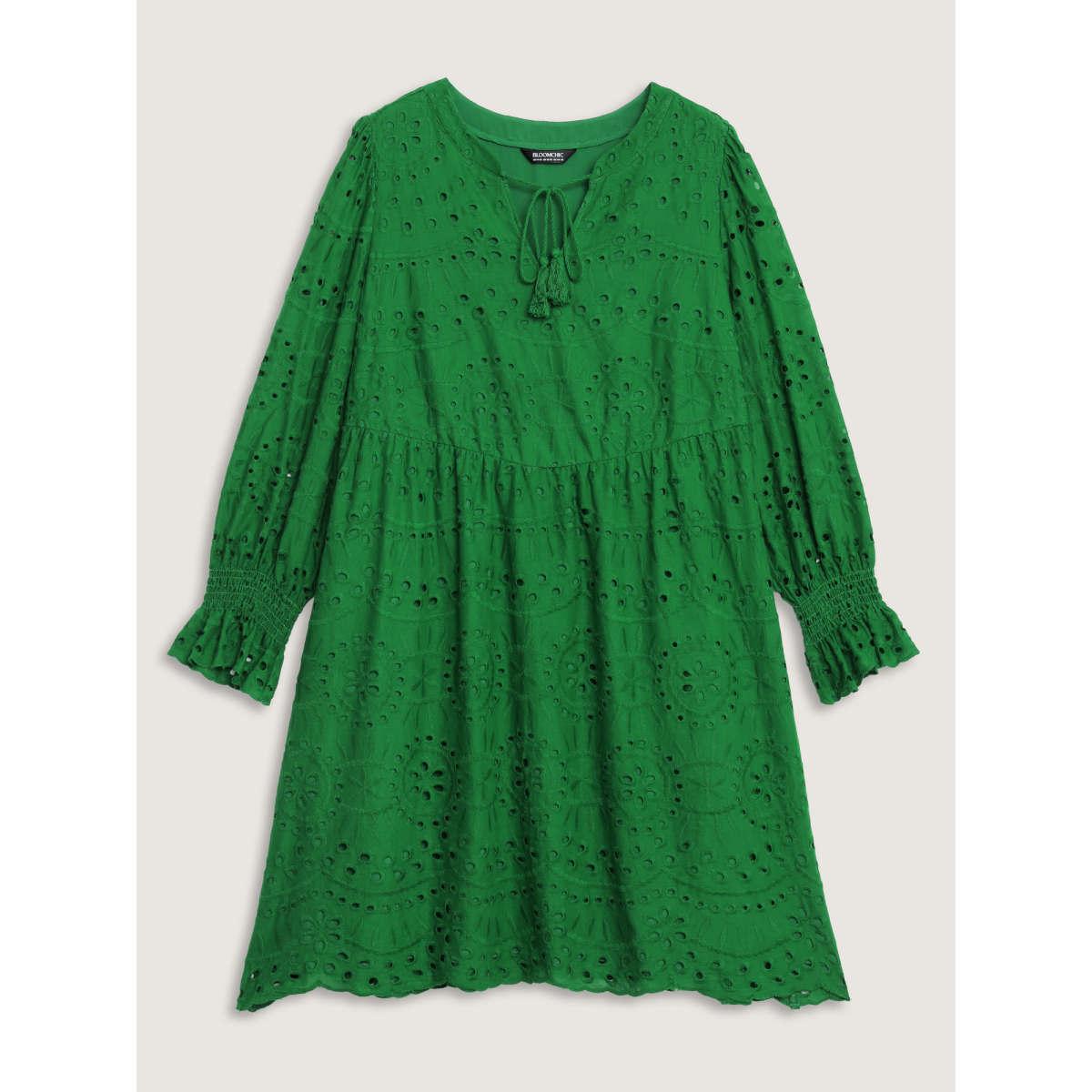 Plus Size Eyelet Embroidery Shirred Cuffs Midi Dress Emerald Women Boho Flat collar with V-notch Extra Long Sleeve Curvy BloomChic 12/L Product Image