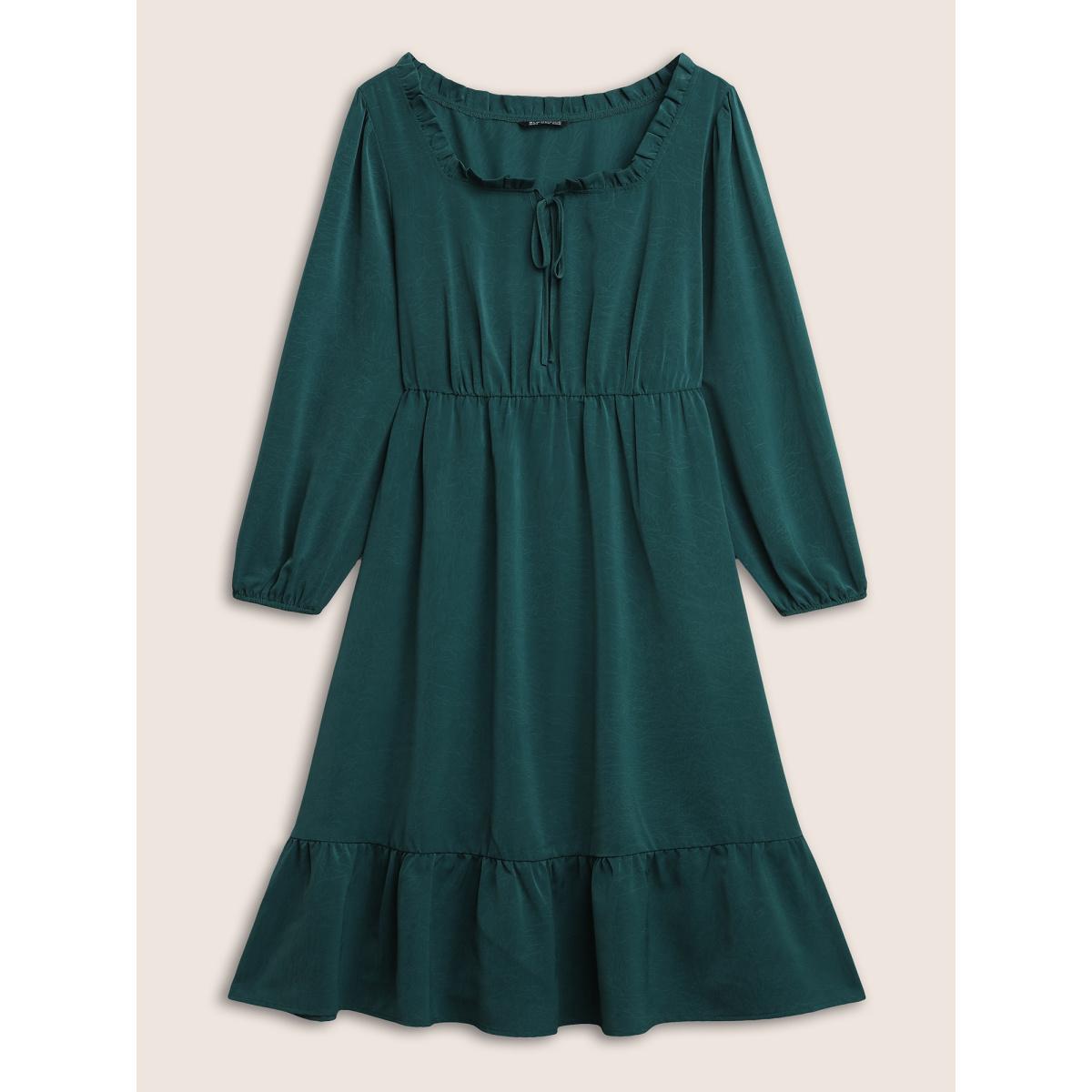 Plus Size Solid Pleated Patchwork Frill Trim Tie Neck Dress Cyan Women Elegant Non V-neck Long Sleeve Curvy Midi Dress BloomChic 26/4X Product Image