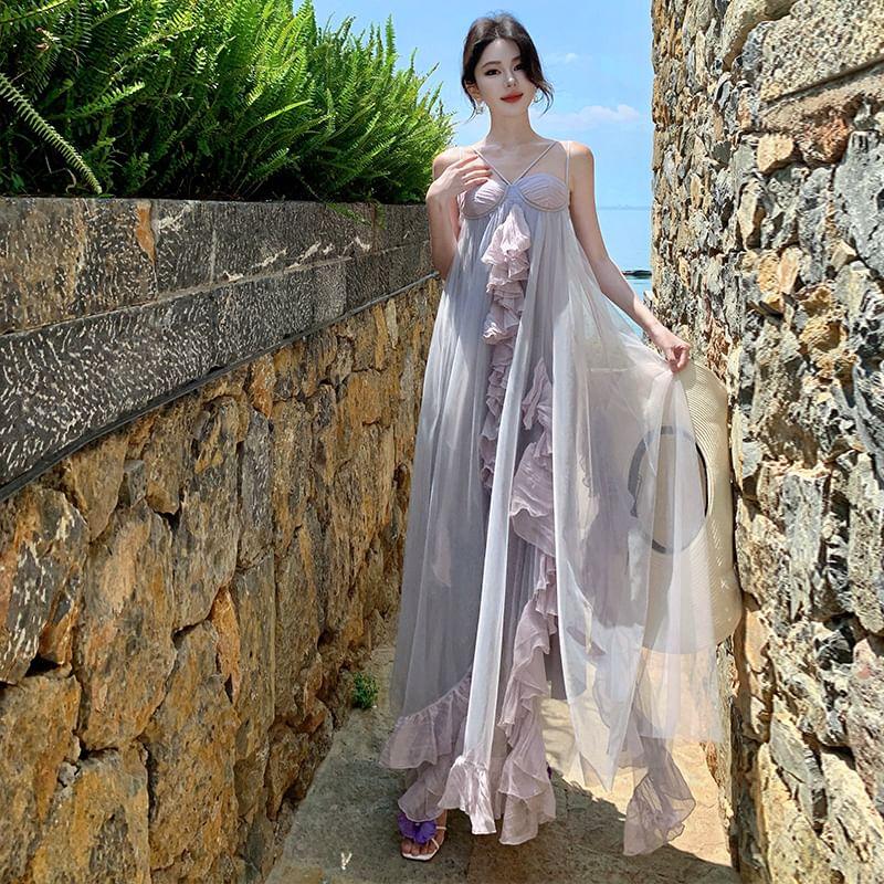 Spaghetti Strap Two-Tone Ruffled Maxi Sundress Product Image