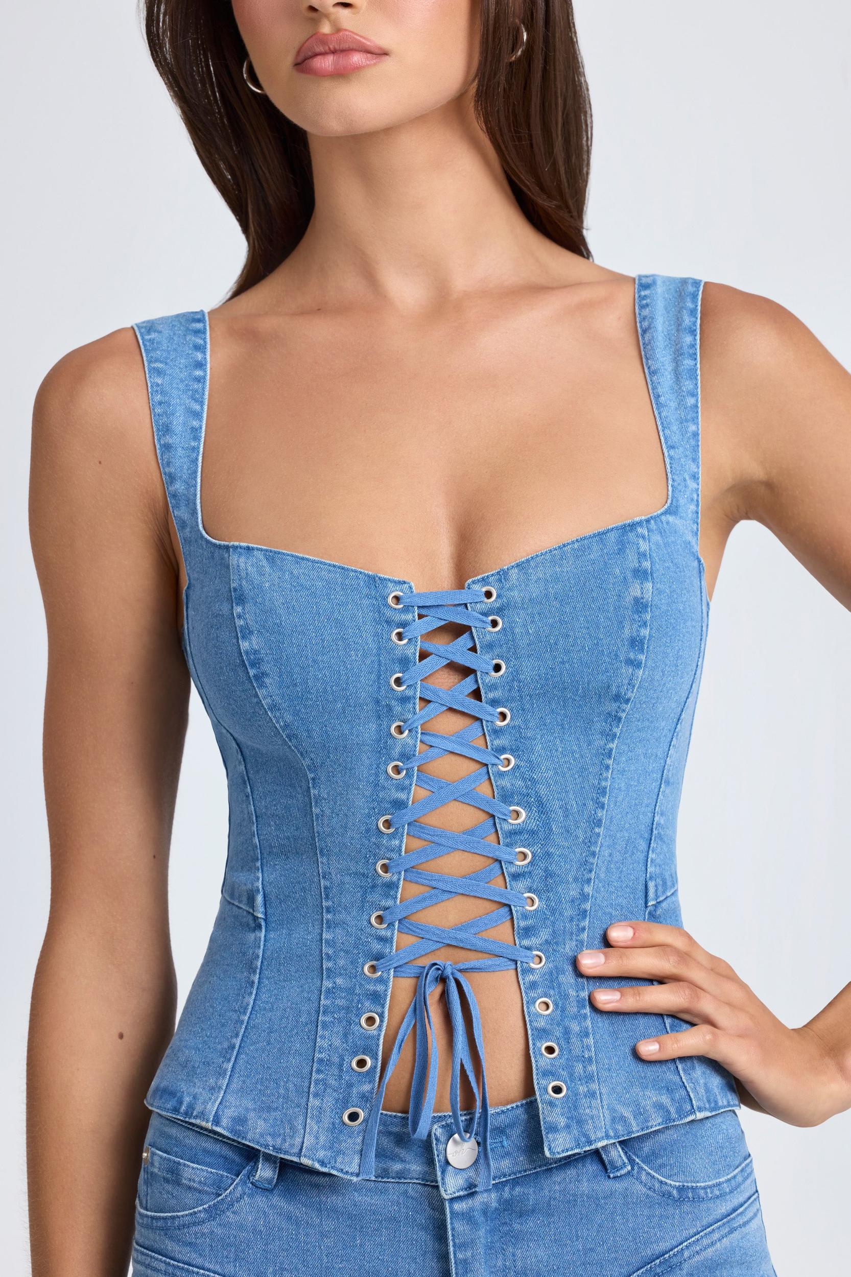 Lace-Up Corset Top in Mid Blue Stonewash Product Image