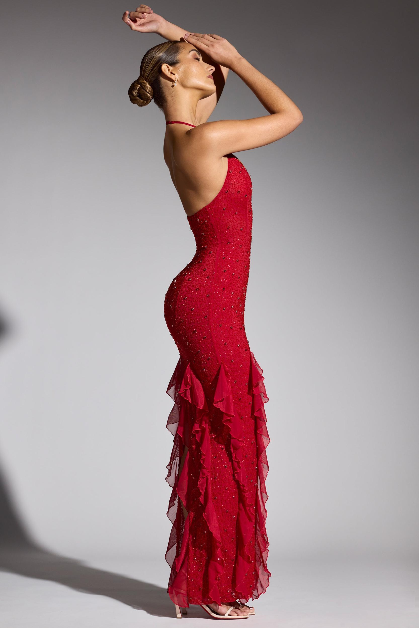 Embellished Halter Neck Ruffle Maxi Dress in Red Product Image