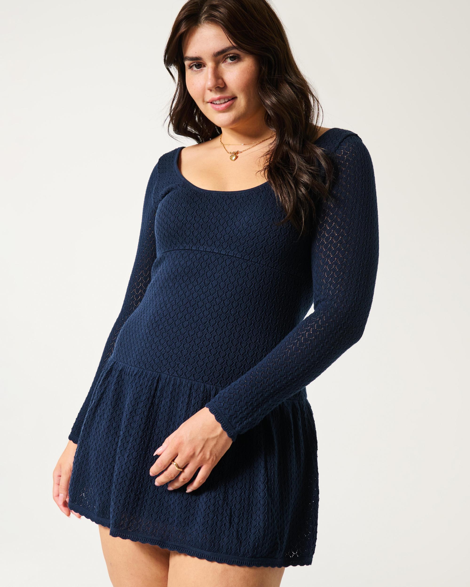 Long-Sleeve Crochet-Style Mini Skater Dress Product Image