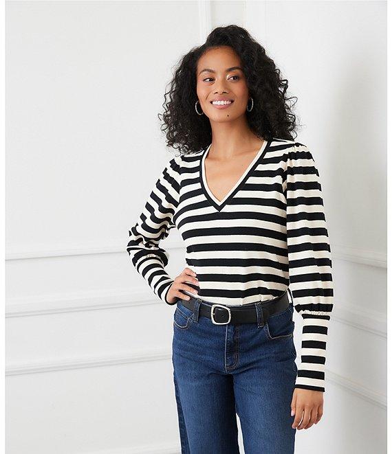 Karen Kane Petite Size Stripe Bishop Sleeve V-Neck Top Product Image