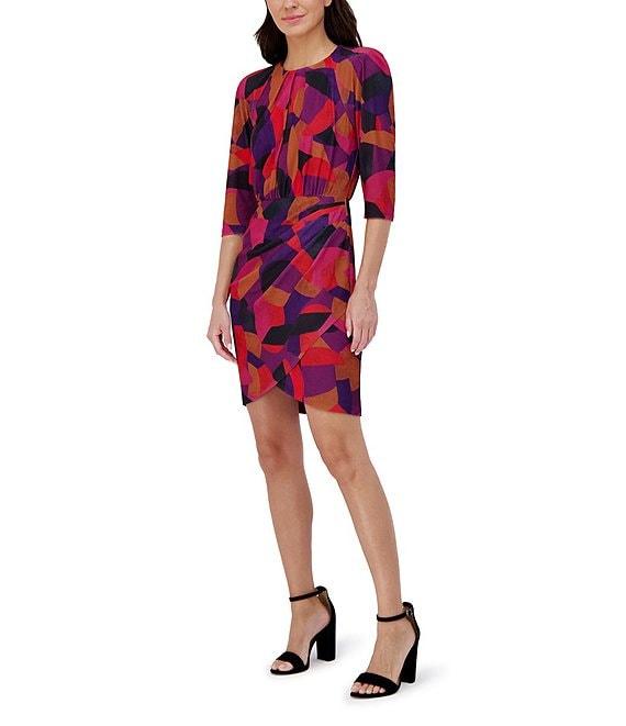 Vince Camuto Knit Geometric Print Ruched Round Neck 3/4 Sleeve Sharkbite Mini Dress Product Image