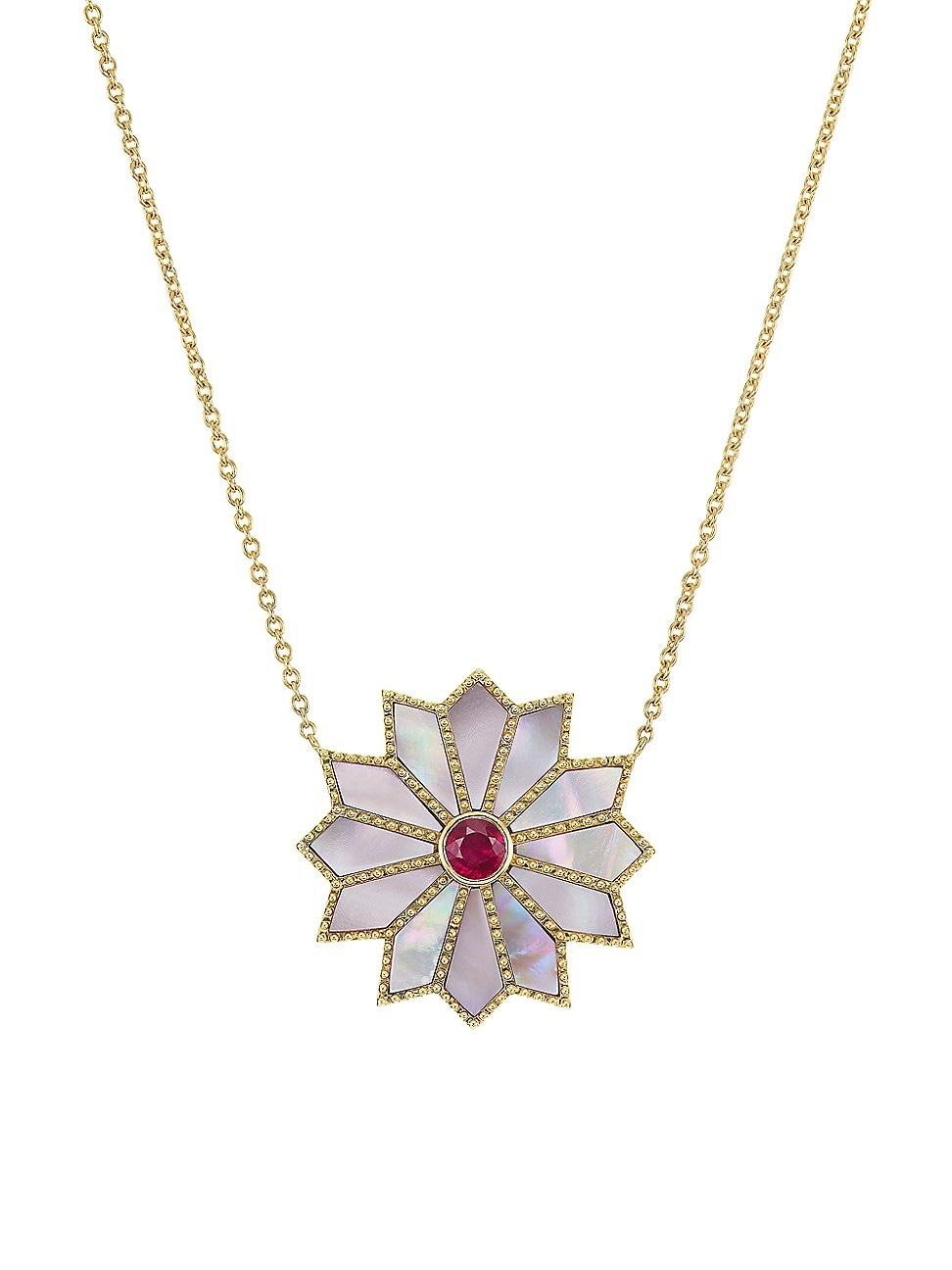 Womens Sacred Flower 18K Yellow Gold, Mother-Of-Pearl & Ruby Pendant Necklace Product Image