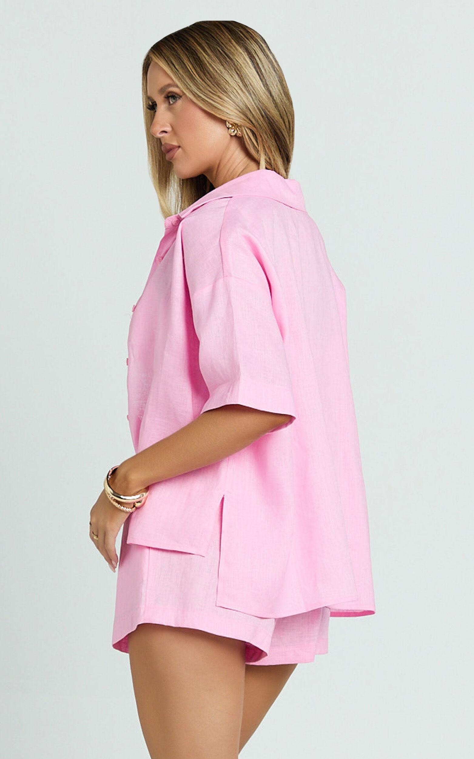 Ramona Top - Linen Short Sleeve Shirt in Pink Product Image