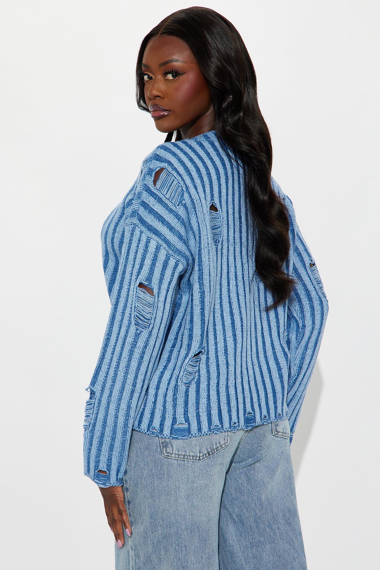 In A Mood Distressed Sweater - Blue Female Product Image