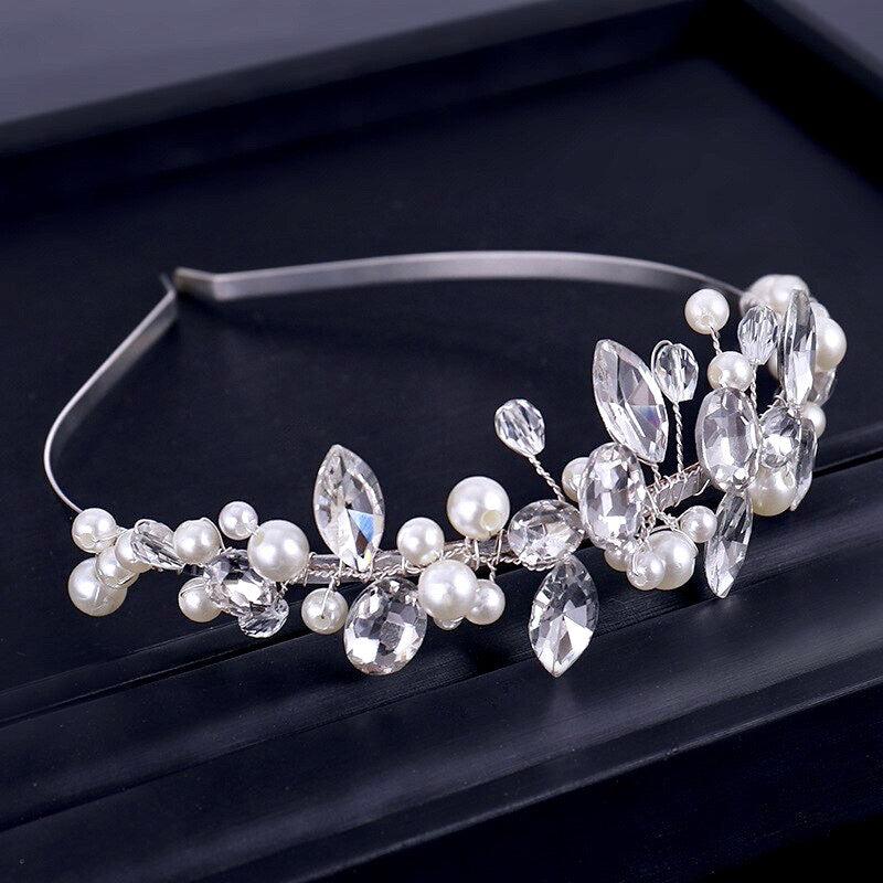 "Aleena" - Silver Pearl and Crystal Bridal Headband Product Image