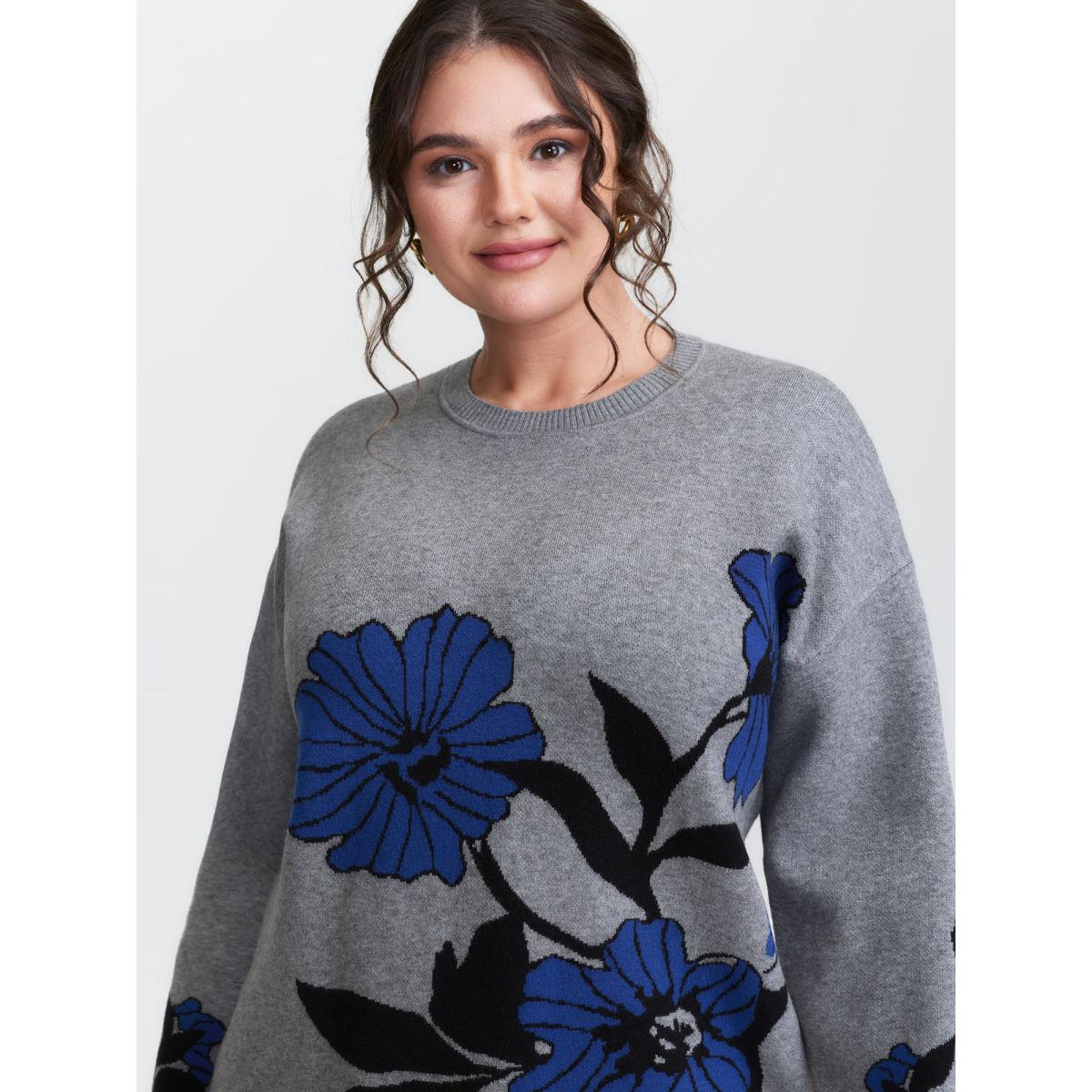 Plus Size Supersoft Floral Round Neck Pullover Mediumgray Women Timeless Loose Long Sleeve Round Neck Elegant Pullovers BloomChic 22-24/3X Product Image