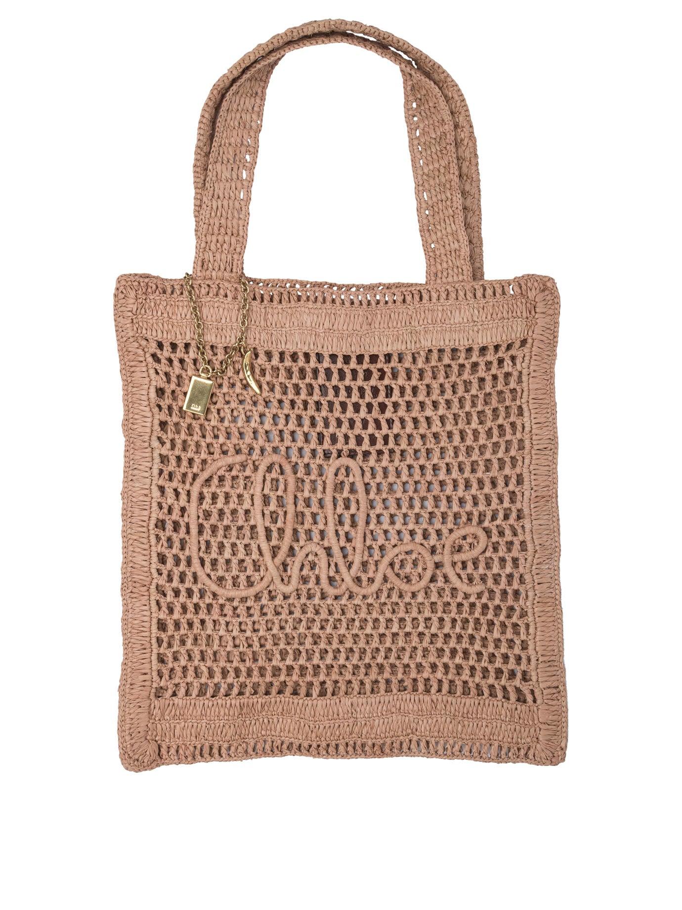 CHLOÉ Summer Banana Embellished Crocheted Embroidered Faux Raffia Tote In Beige Product Image