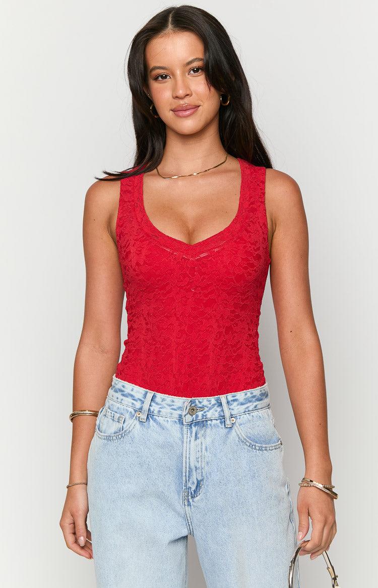 Miami Red Lace V-Neck Bodysuit Product Image