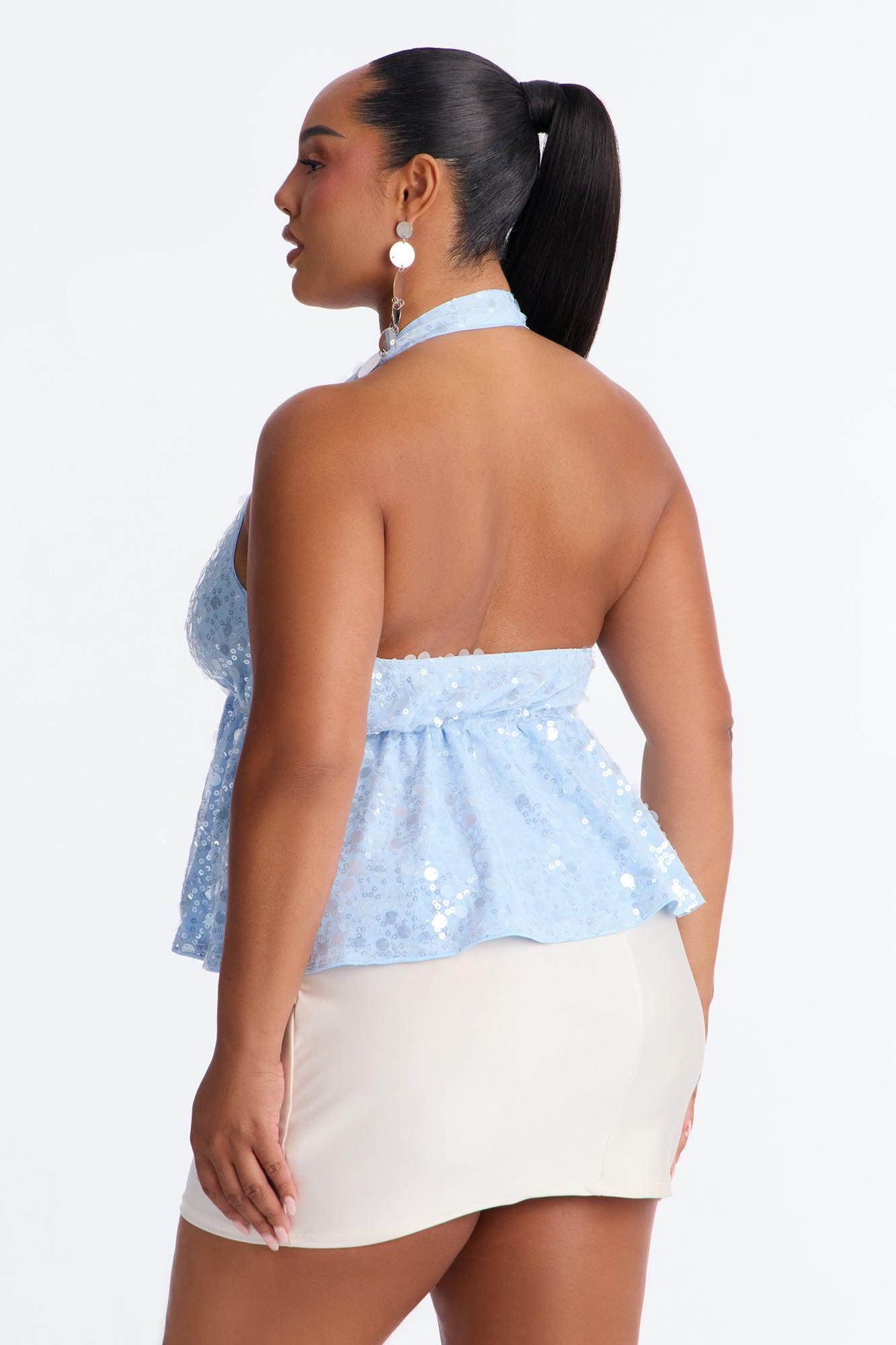Cerafina Sequin Halter Flyaway Top - SkyBlue Female Product Image