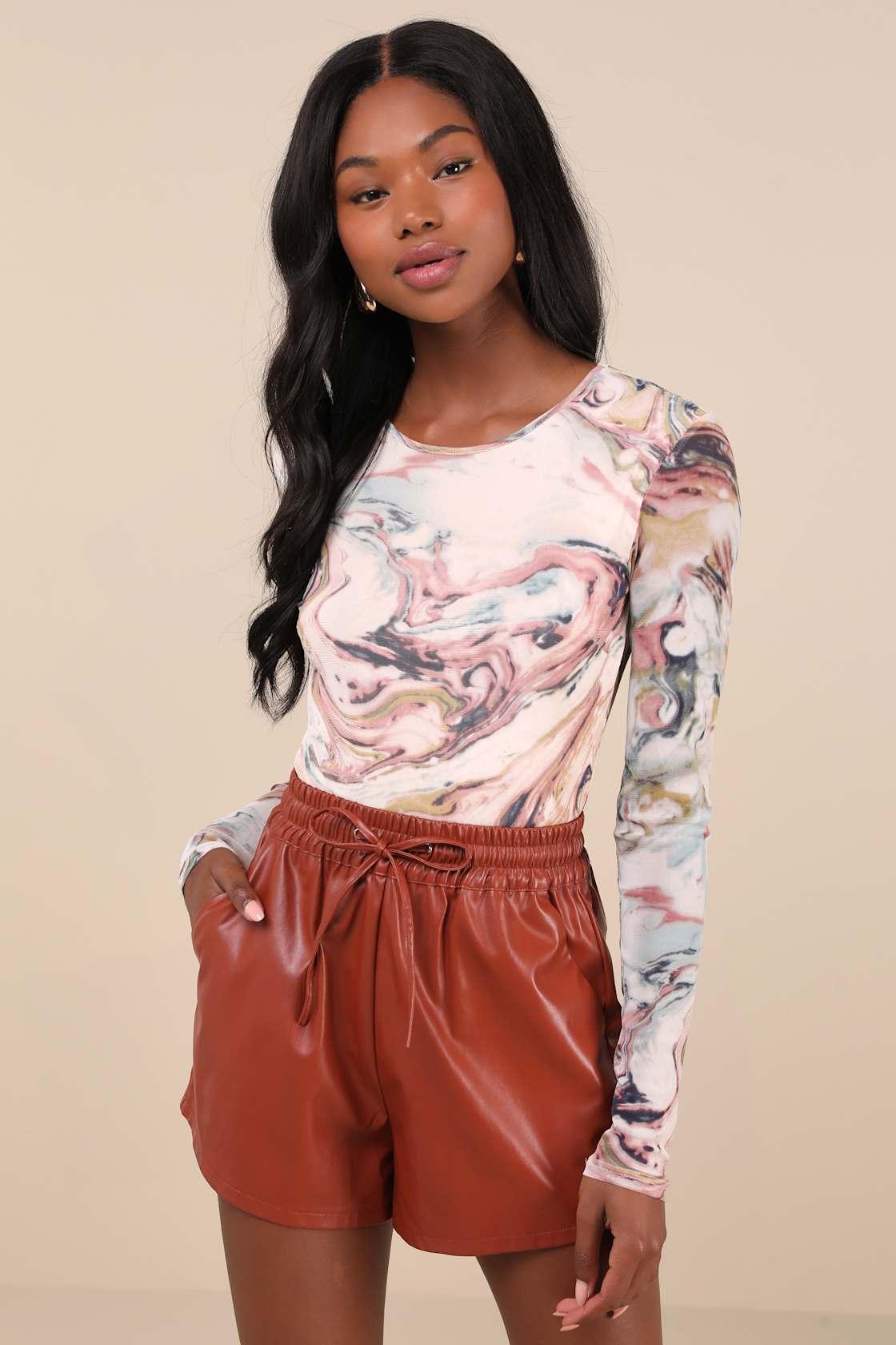 Casual Luxury Rust Brown Vegan Leather Drawstring Shorts Product Image