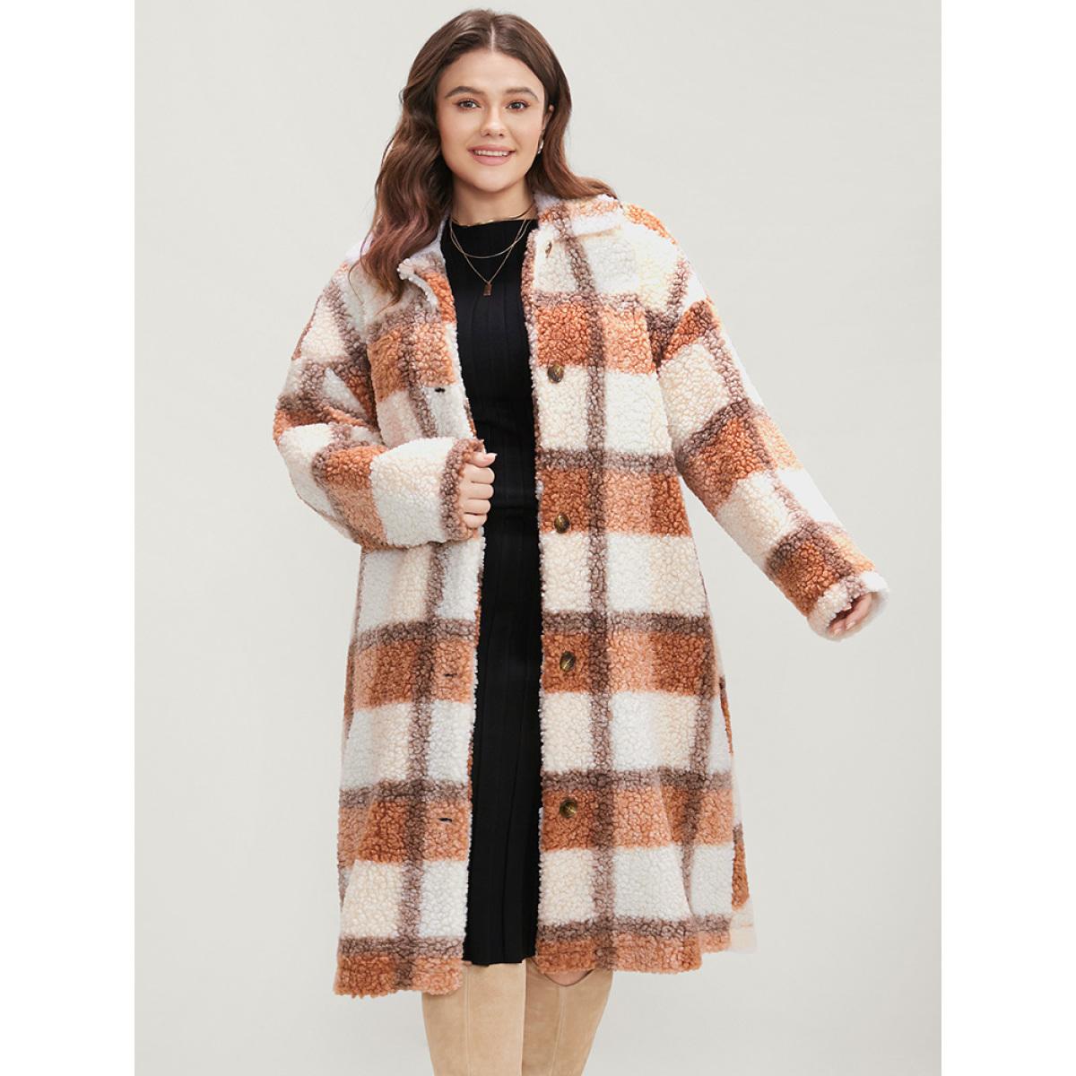 Plus Size Plaid Pocket Button Up Teddy Coat Women Multicolor Casual Button Loose Ladies Dailywear Winter Coats BloomChic 30/6X Product Image