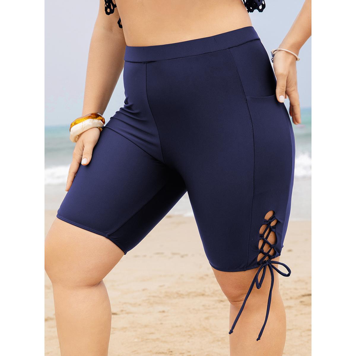 Plus Size Pocket High Waist Lace Up Side Swim Shorts Women's Swimwear Indigo Vacation Plain High stretch Skinny High Rise Pocket Curve Swim Bottoms BloomChic 18-20/2X Product Image