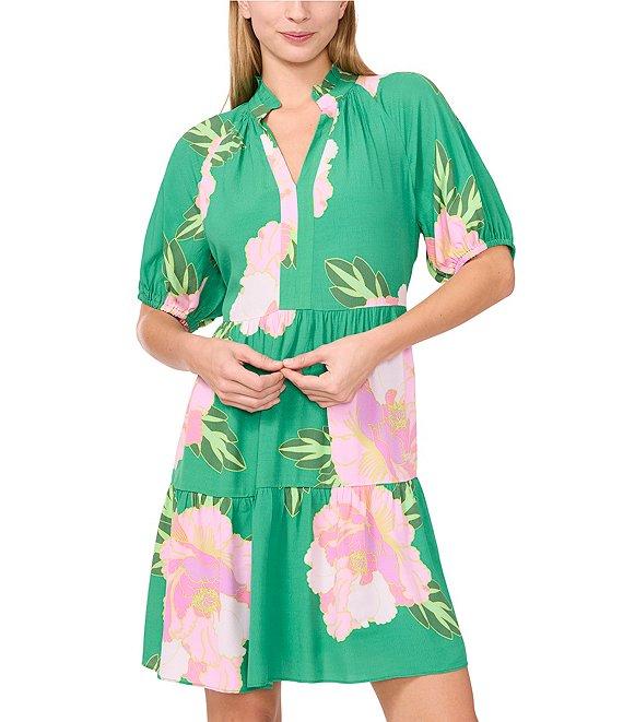 CeCe Floral Print Split Round Neck Short Sleeve Tiered A-Line Dress Product Image