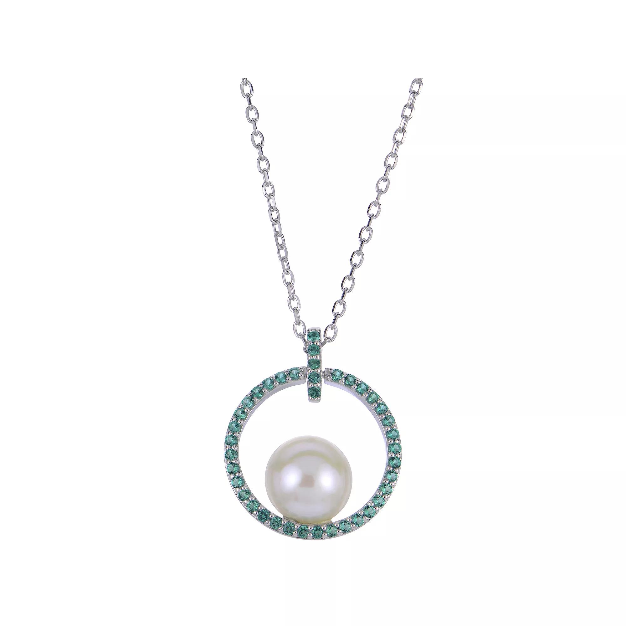PearLustre by Imperial Sterling Silver Freshwater Cultured Pearl & Lab-Created Emerald Necklace, Womens Product Image