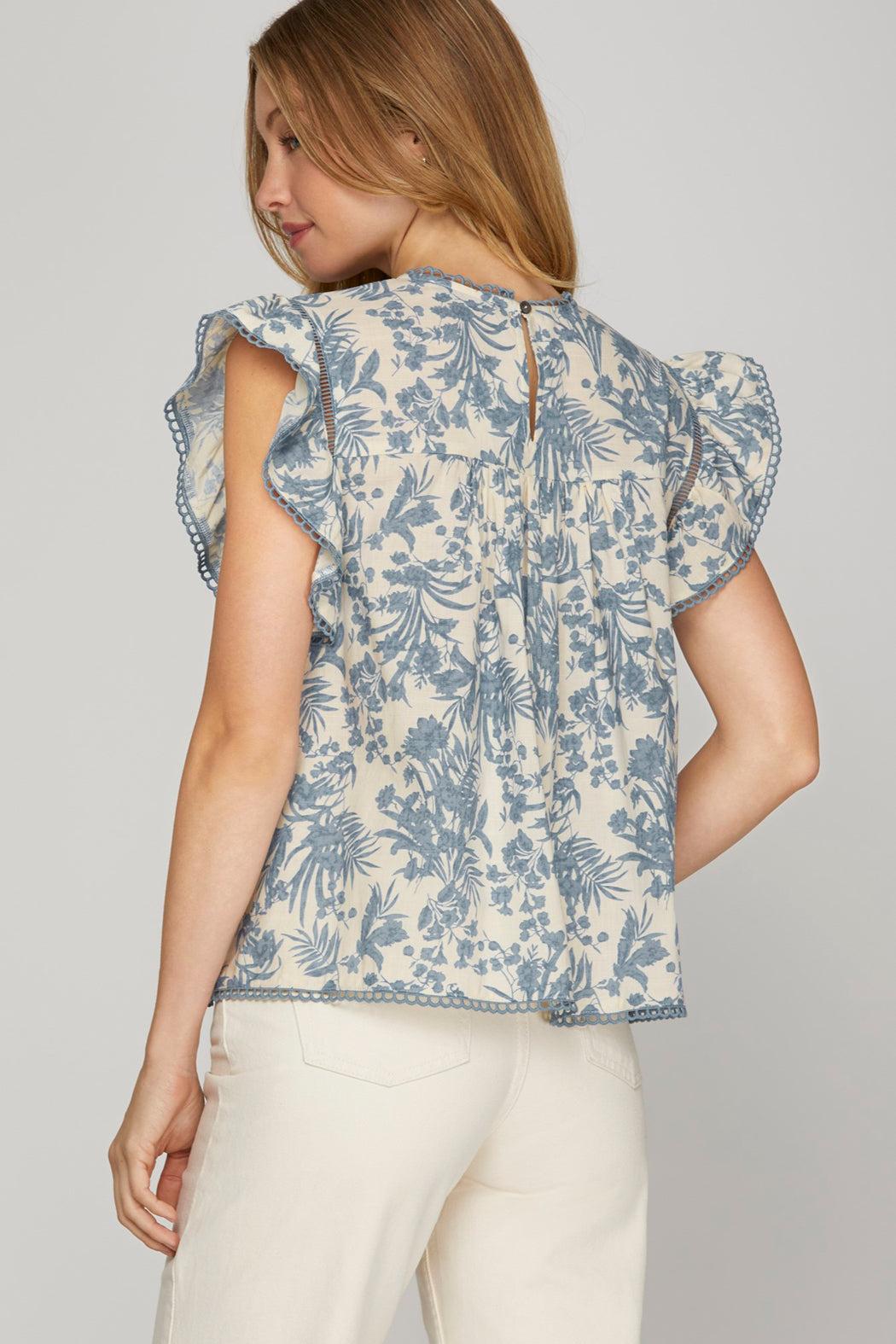 RUFFLE SLEEVE WOVEN PRINT PINTUCK TOP WITH LADDER TRIM DETAIL Product Image