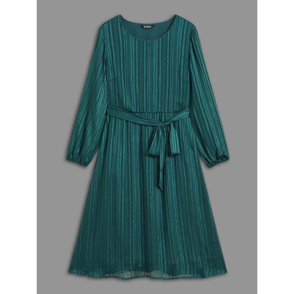 Plus Size Shimmery Silver Thread Waist-Tie Midi Dress Teal Women Cocktail Texture Round Neck Long Sleeve Curvy BloomChic 18-20/2X Product Image