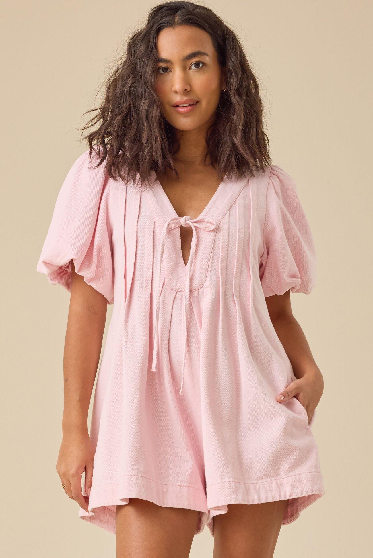 Evie Puff Sleeve Denim Romper Product Image