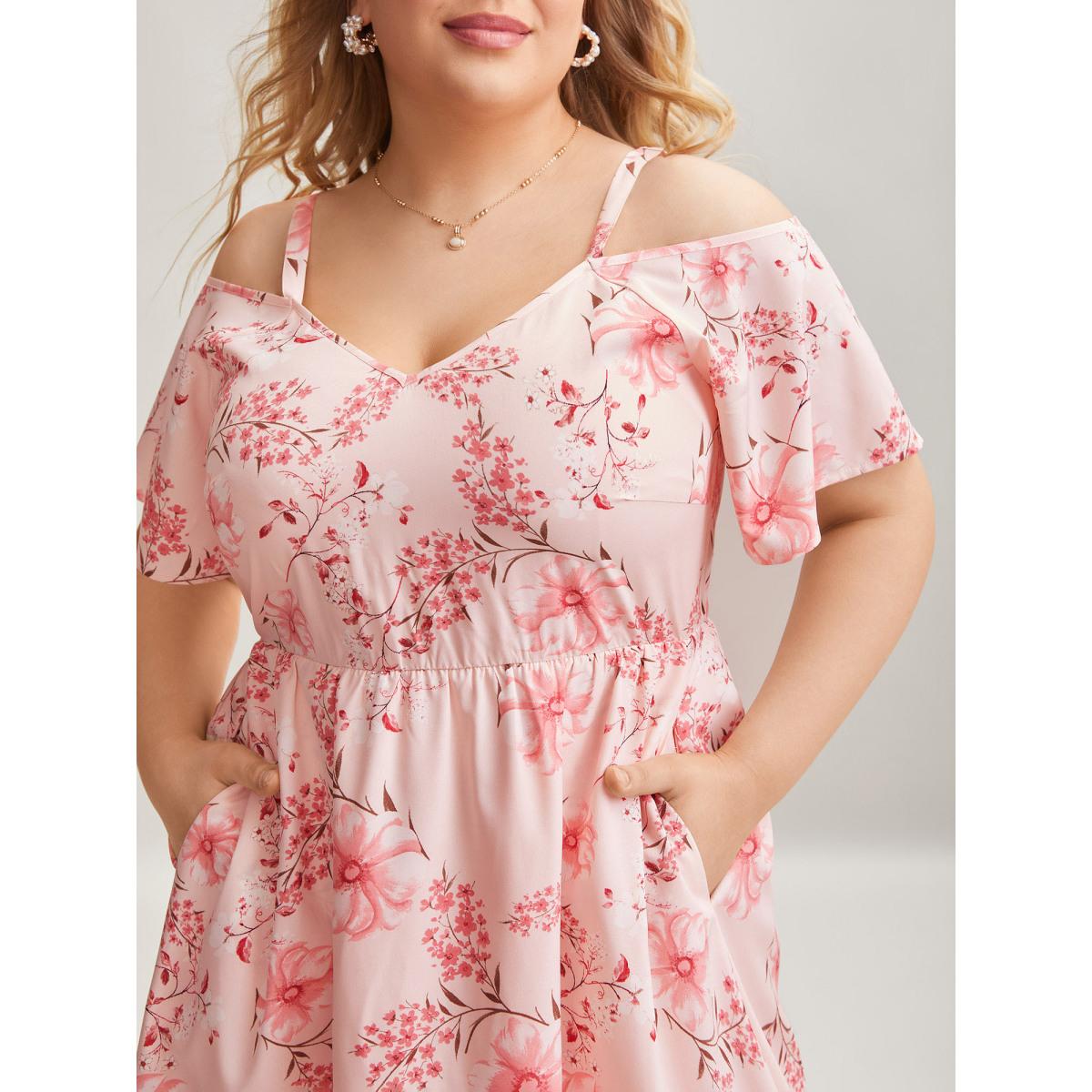 Plus Size Floral Print Cold-Shoulder Pockets Midi Dress Lightpink Women Elegant Non Heart neckline Short sleeve Curvy BloomChic 14-16/1X Product Image