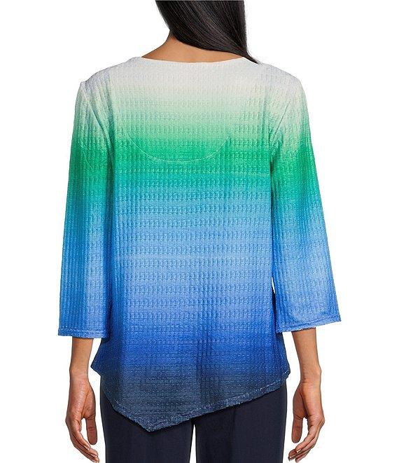 Allison Daley Petite Size Ombre 3/4 Sleeve Keyhole Neck Asymmetric Hem Knit Top Product Image