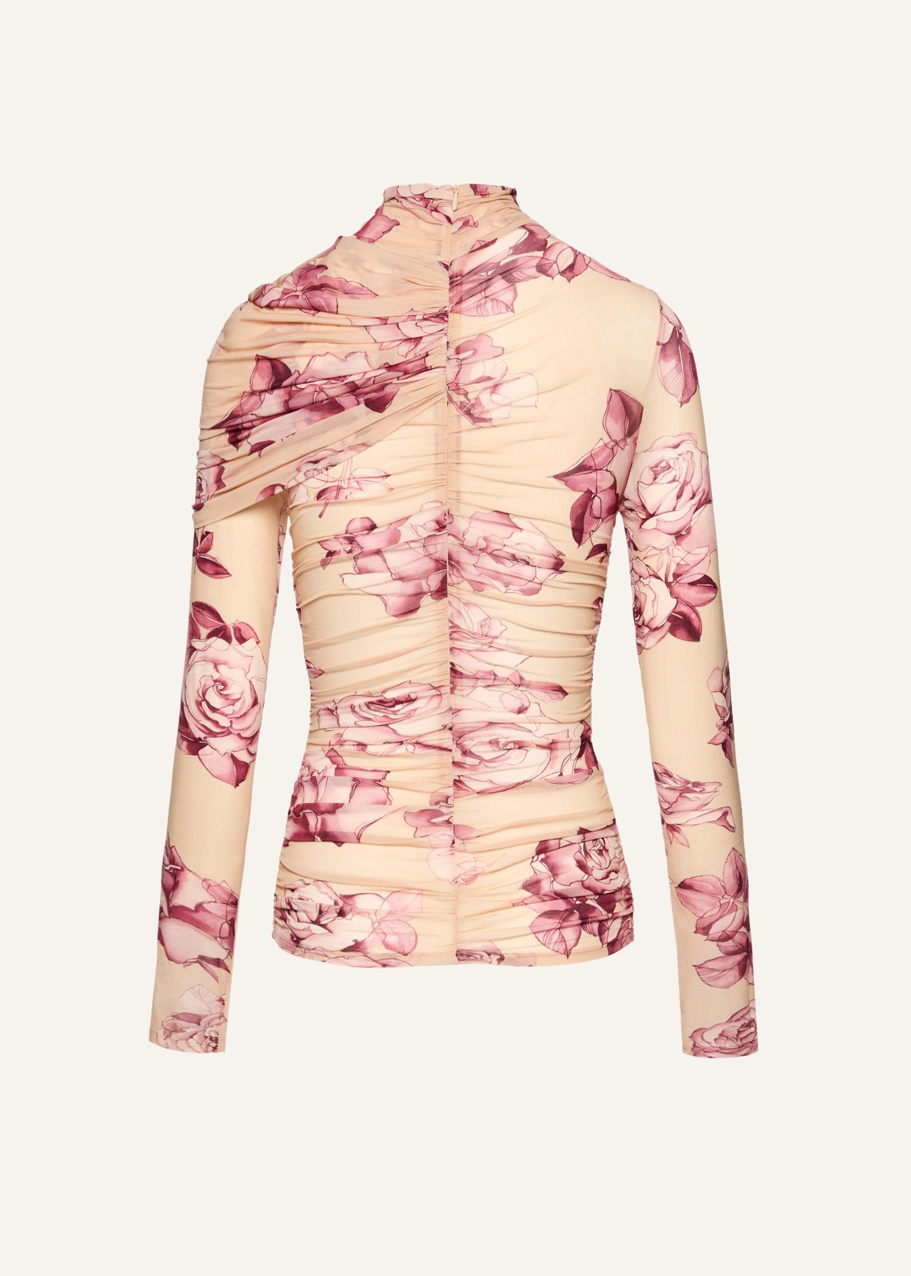 Draped high neck blouse in beige print Product Image