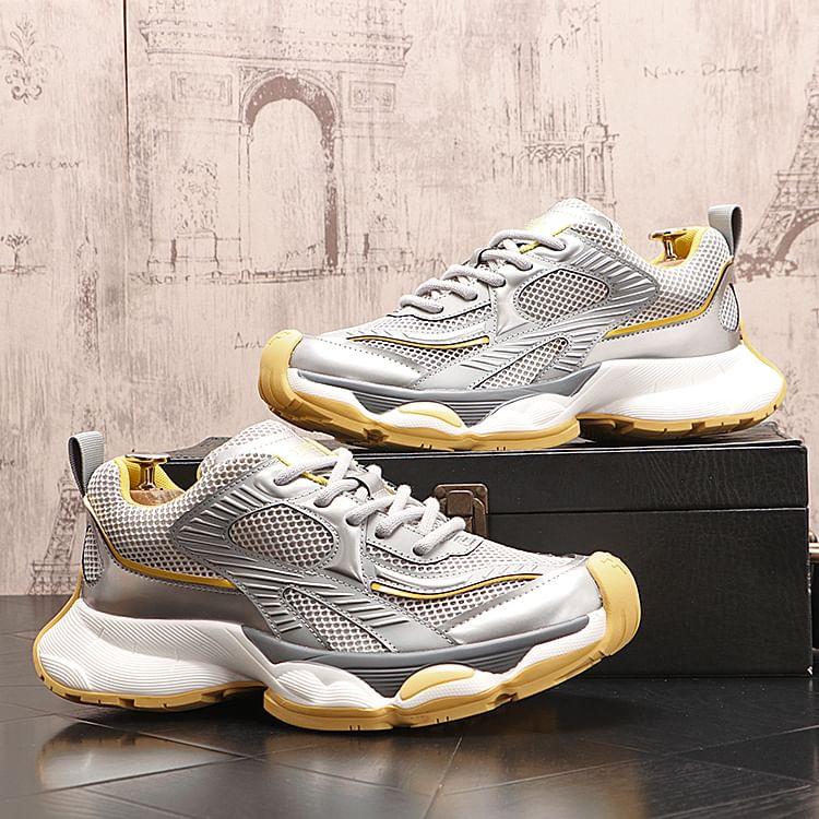 Hidden Wedge Mesh Panel Lace-Up Faux Leather Sneakers Product Image