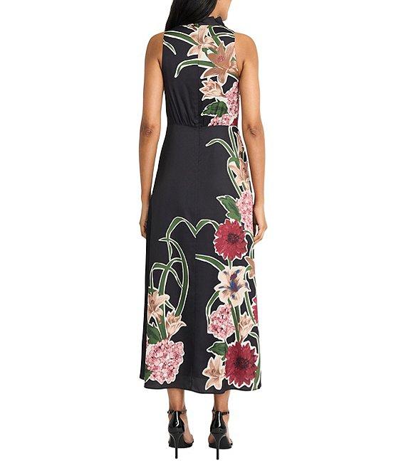 Maggy London Mock Neck Floral Print Satin Charmeuse Twist Front Blouson Maxi Dress Product Image