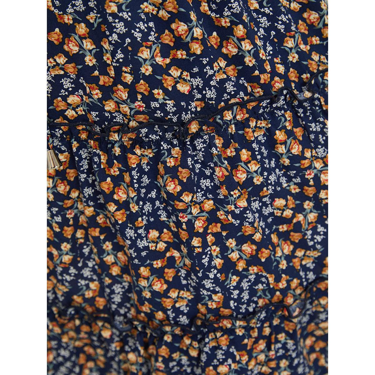 Plus Size Ditsy Floral Ruffle Hem Pocket Frill Trim Skirt Women Indigo Elegant Printed No stretch Dailywear Skirts BloomChic 26/4X Product Image