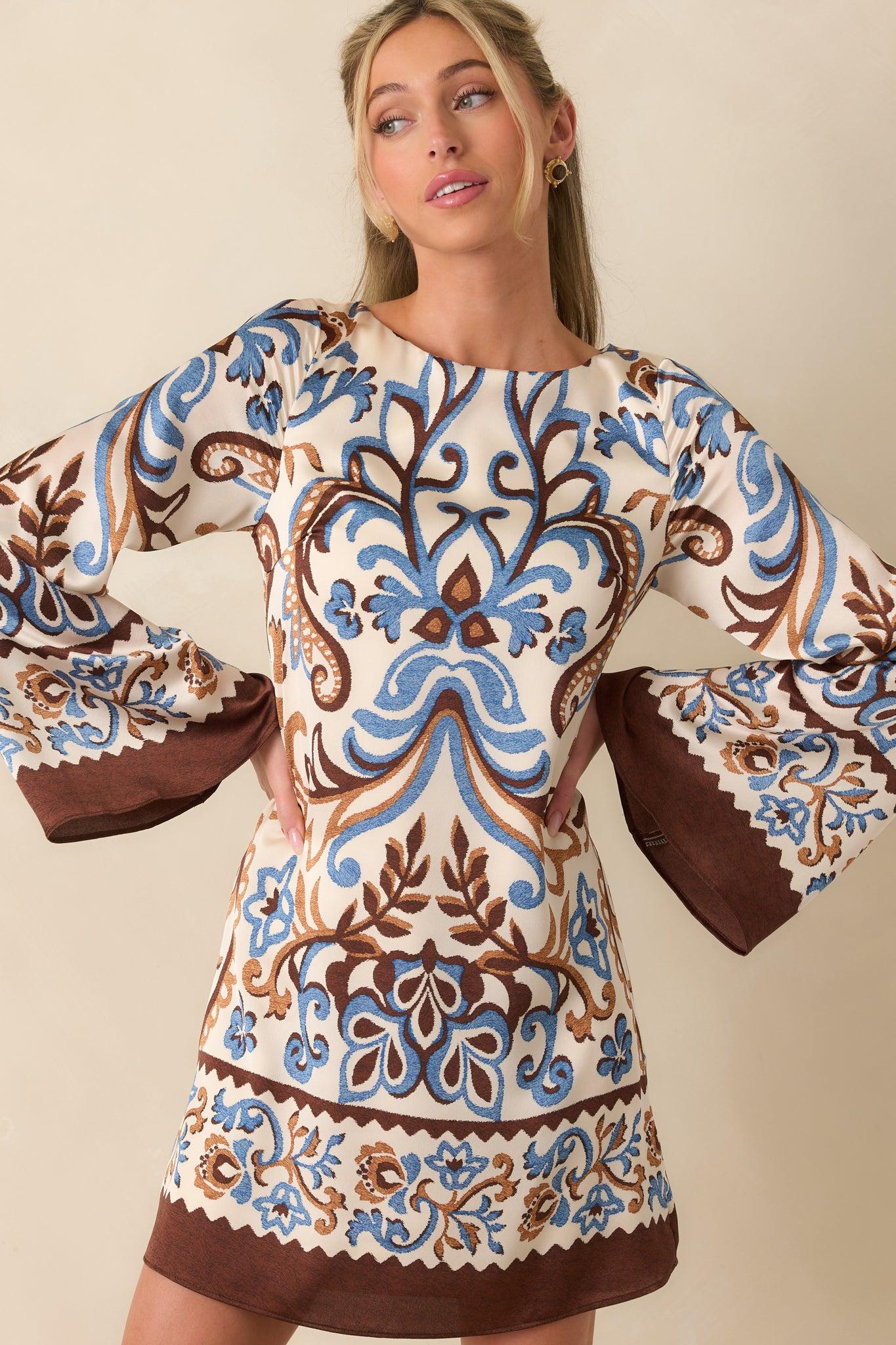 Don't Second Guess It Ivory Multi Print Satin Long Sleeve Mini Dress Product Image