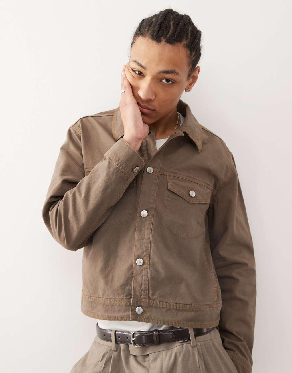 Reclaimed Vintage boxy denim jacket in washed khaki  Product Image