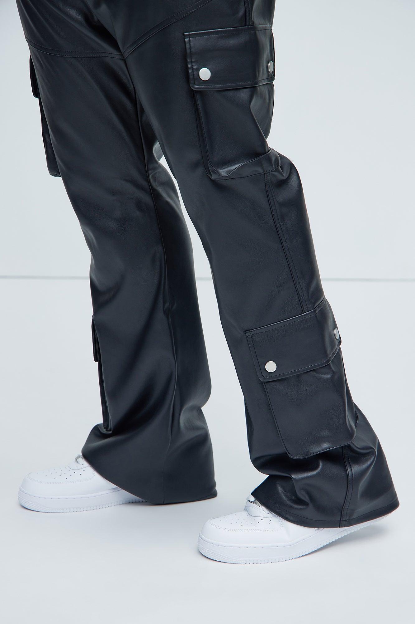 Name Of Love Faux Leather Stacked Slim Flare Pants - Black Product Image