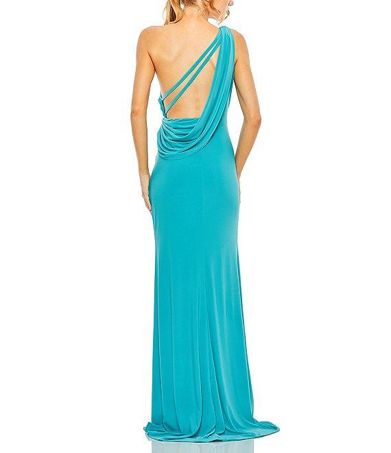 Mac Duggal Sleeveless One Shoulder Thigh High Slit Draped Back Detail Jersey Sheath Gown Product Image